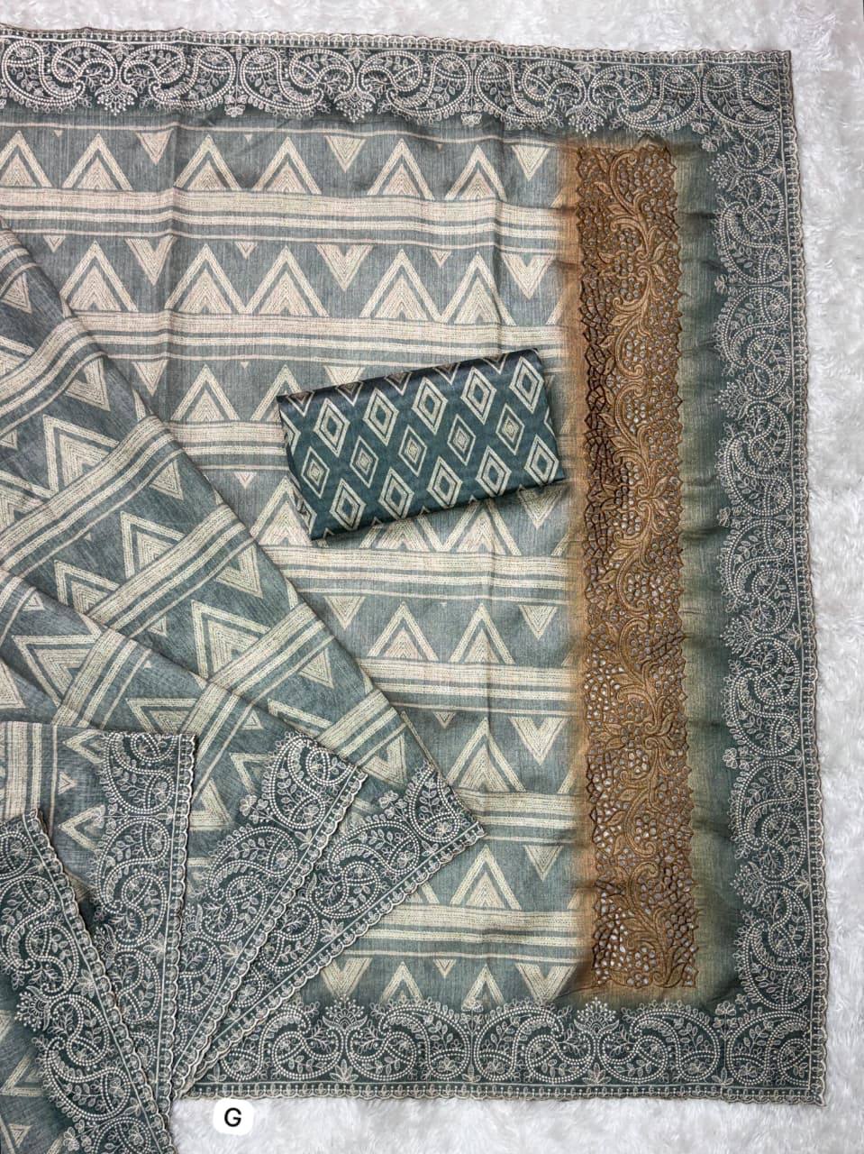 Evanik Grey Kashmiri Style Digital Printed Saree With Unstitched Blouse