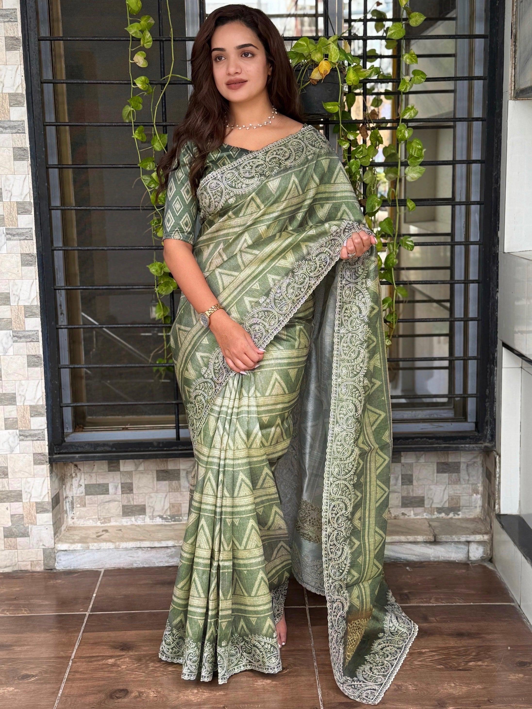 Evanik Pista Kashmiri Style Digital Printed Saree With Unstitched Blouse