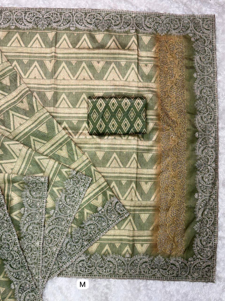 Evanik Pista Kashmiri Style Digital Printed Saree With Unstitched Blouse