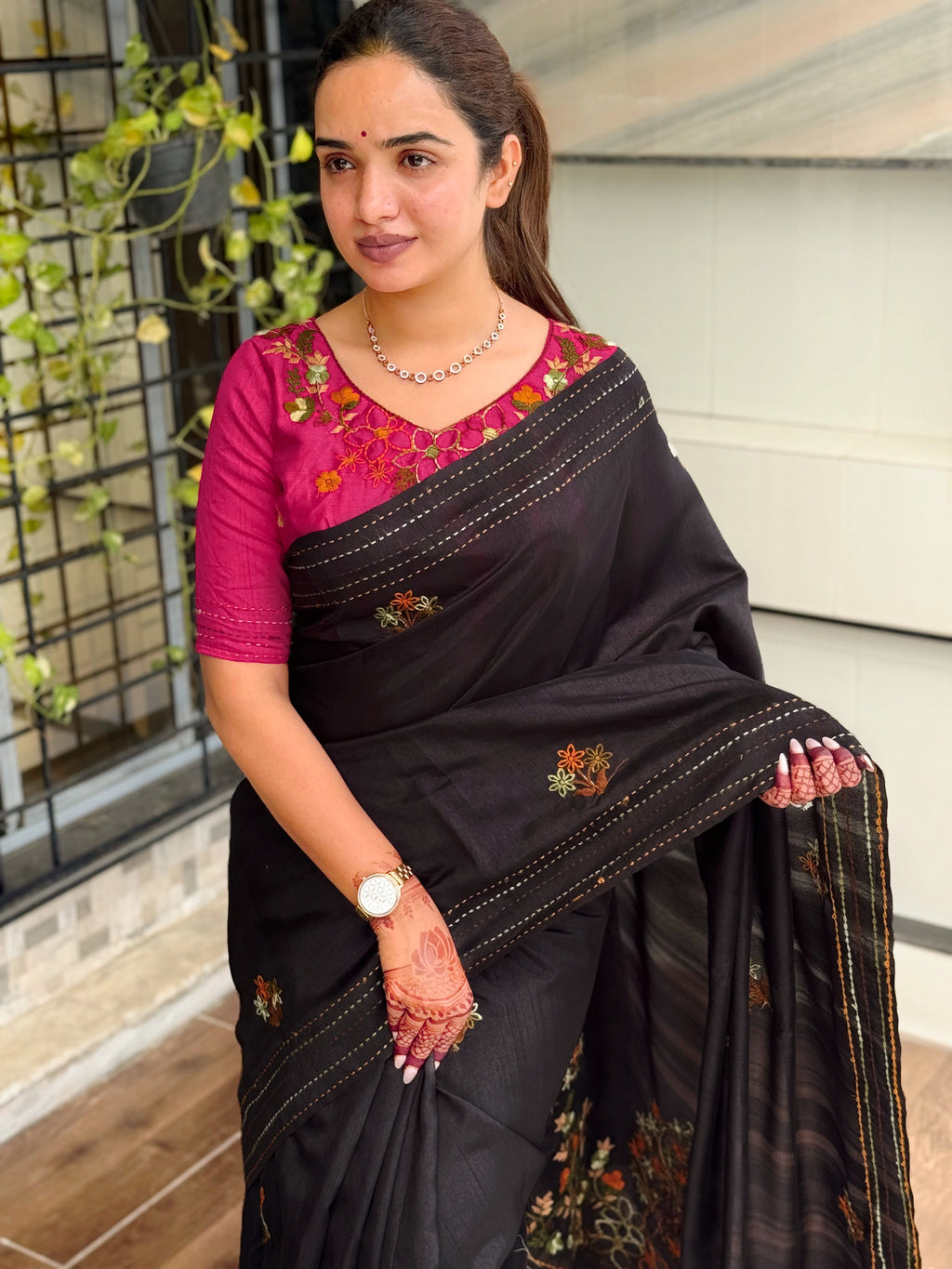 Evanik Black Kashmiri Style Thread Embroidered Work Saree With Unstitched Blouse