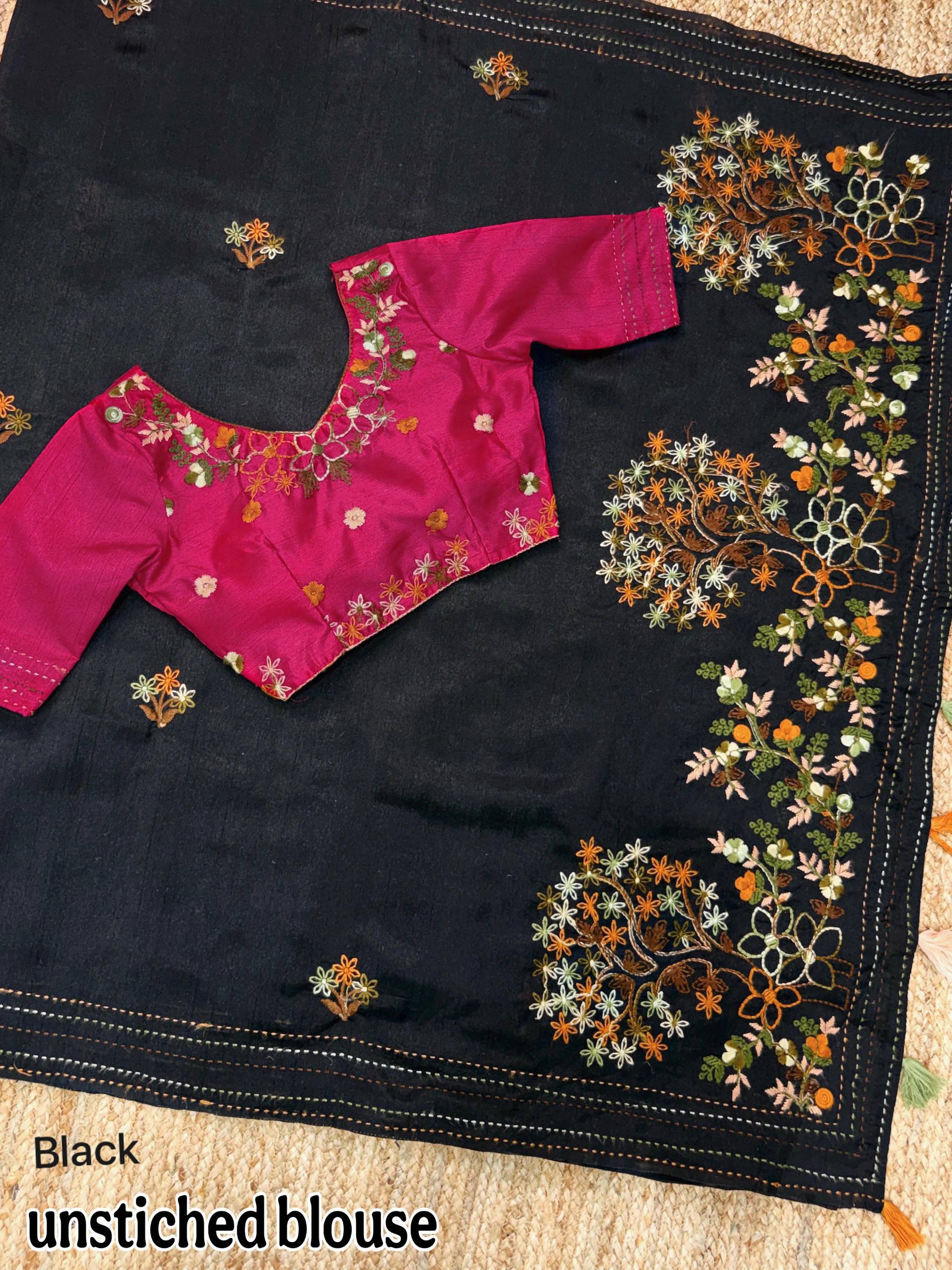 Evanik Black Kashmiri Style Thread Embroidered Work Saree With Unstitched Blouse