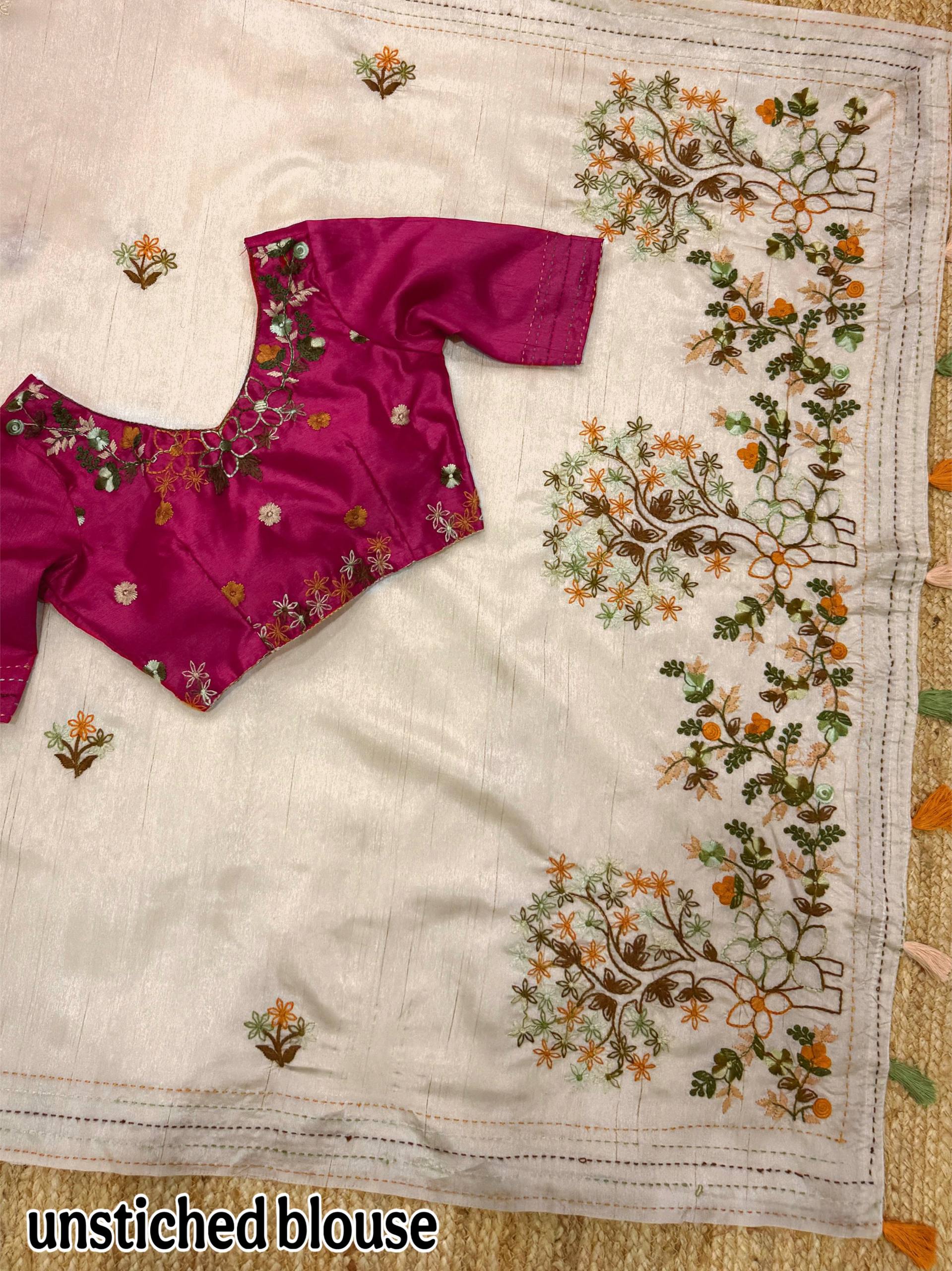 Evanik Cream Kashmiri Style Thread Embroidered Work Saree With Unstitched Blouse