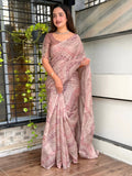 Evanik Designer Onion Pink Printed With Thread Kantha Work Saree With Blouse