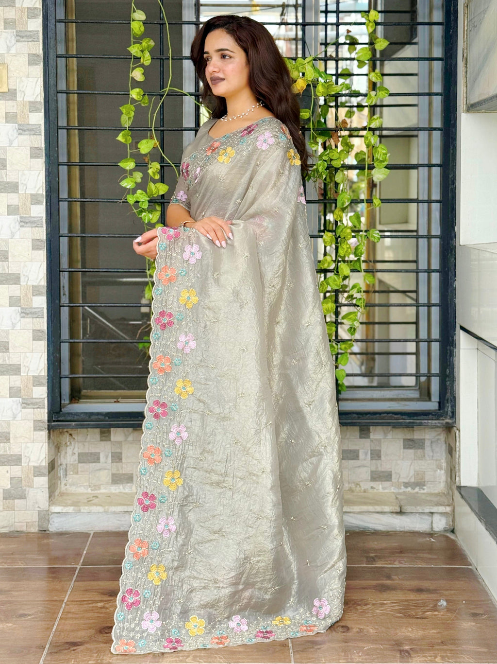 Evanik Grey Sufi Silk Crush With thread & Beads Work Party Wear Saree With Blouse
