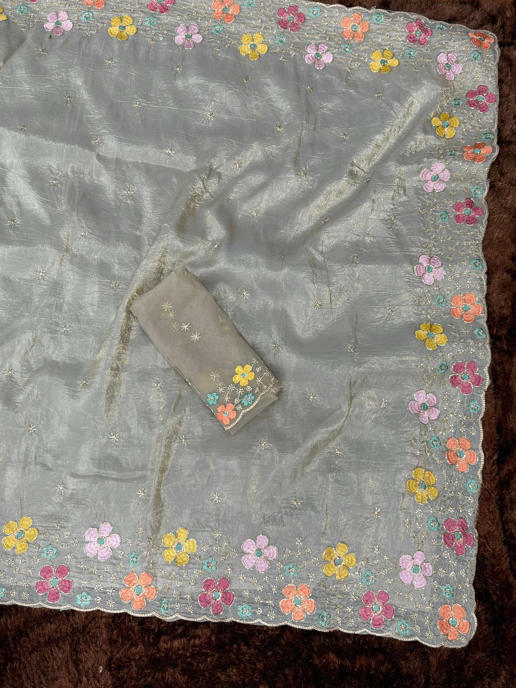 Evanik Grey Sufi Silk Crush With thread & Beads Work Party Wear Saree With Blouse