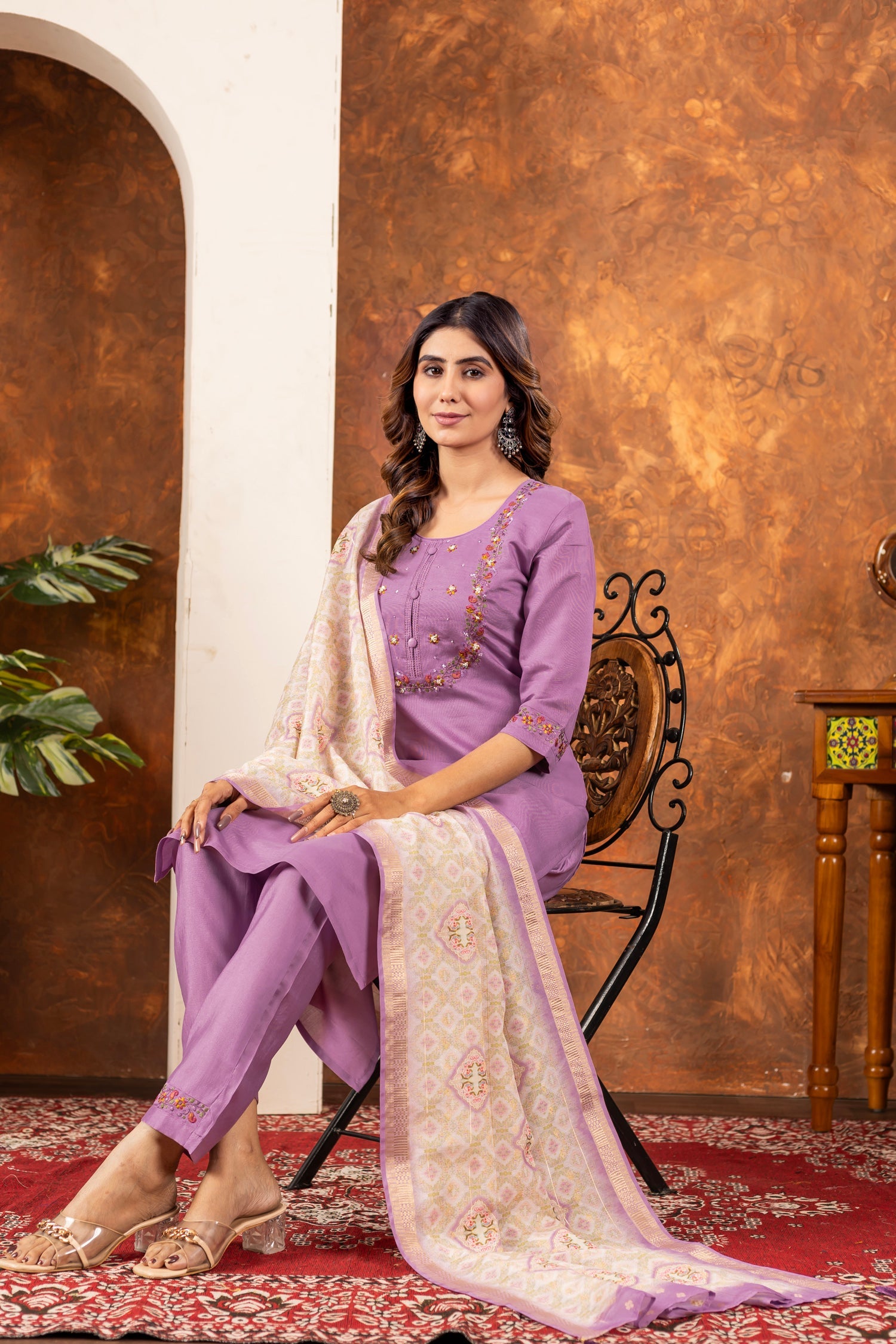 Lorenvalley Fashion Lavender Marina Silk Multi Embroidery Thread with Hand work Kurta Pant Dupatta