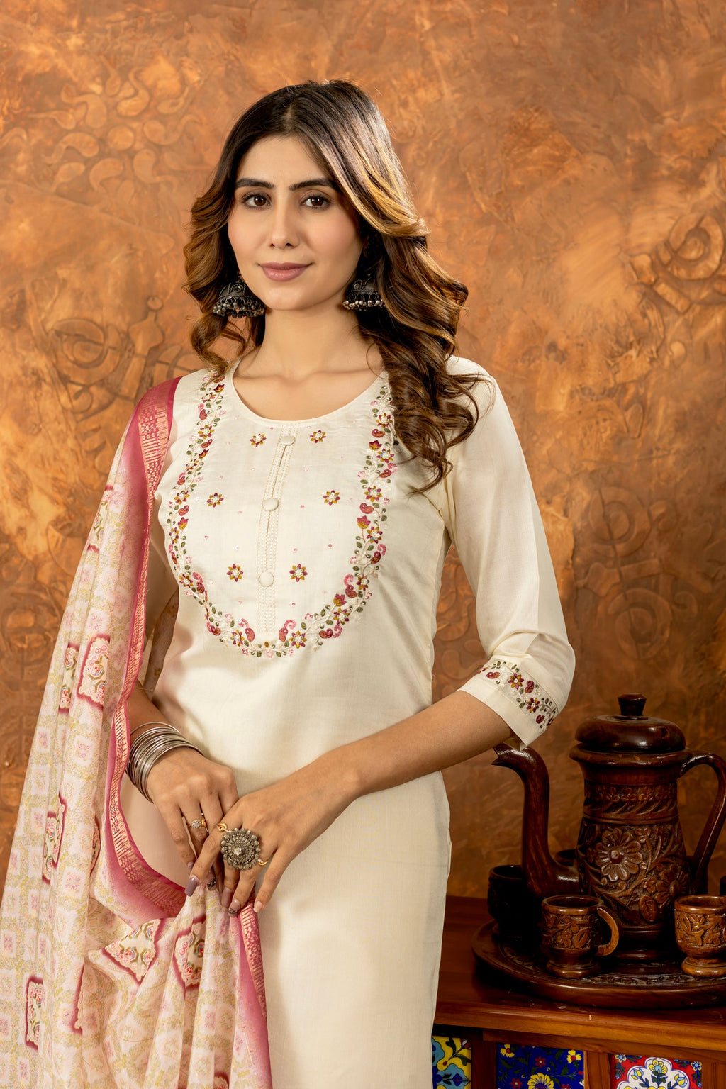 Lorenvalley Fashion Offwhite Marina Silk Multi Embroidery Thread with Hand work Kurta Pant Dupatta