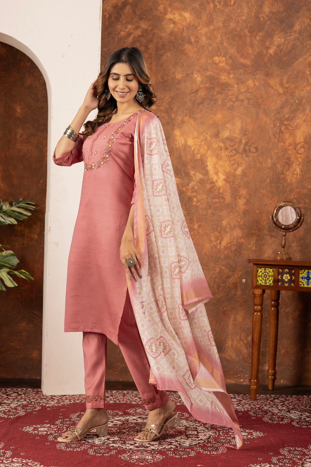 Lorenvalley Fashion Peach Marina Silk Multi Embroidery Thread with Hand work Kurta Pant Dupatta