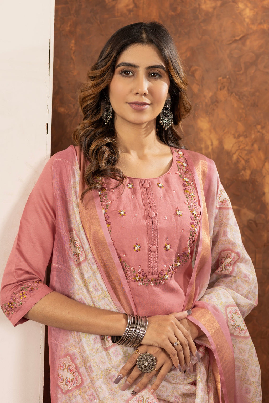 Lorenvalley Fashion Peach Marina Silk Multi Embroidery Thread with Hand work Kurta Pant Dupatta