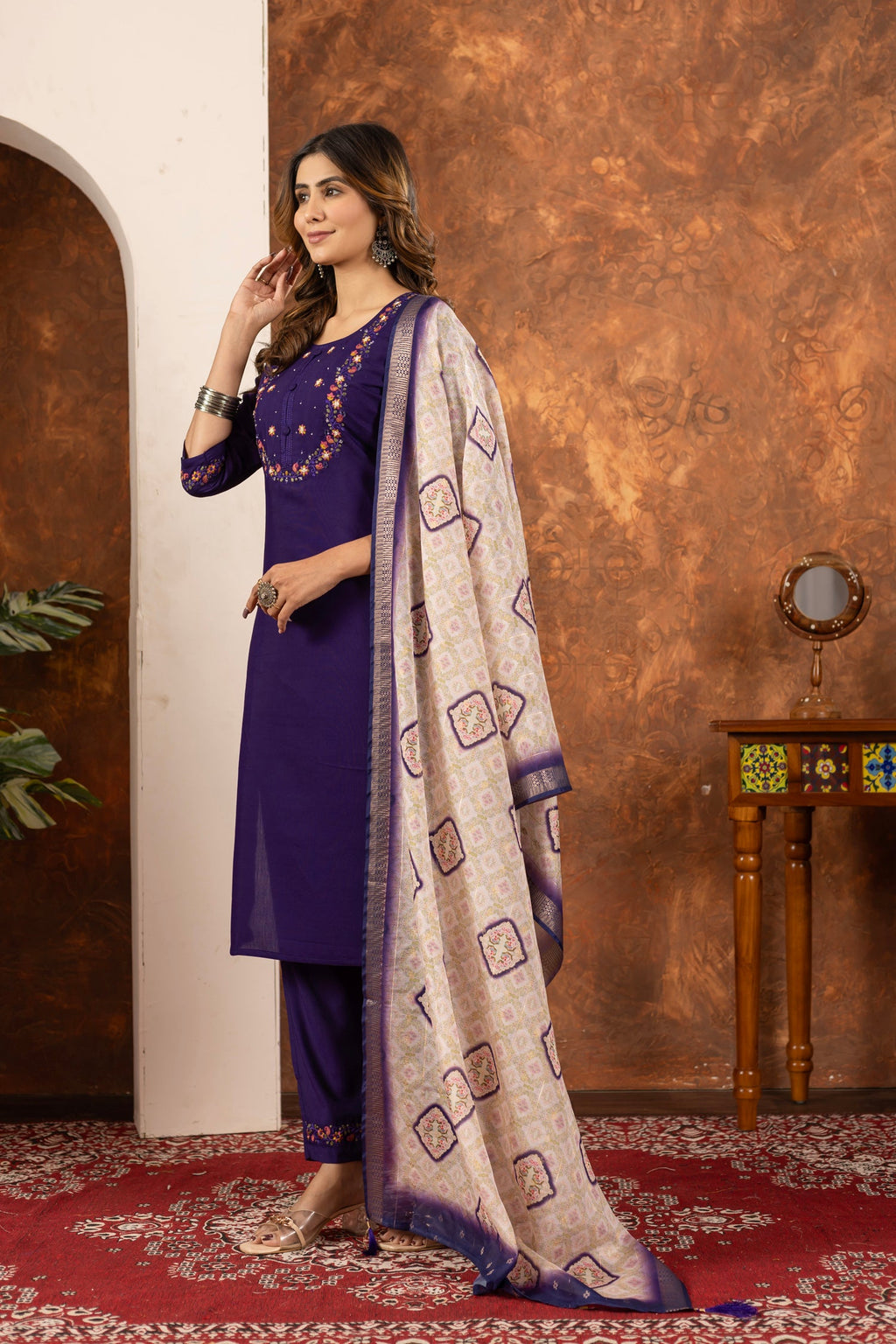 Lorenvalley Fashion Purple Marina Silk Multi Embroidery Thread with Hand work Kurta Pant Dupatta