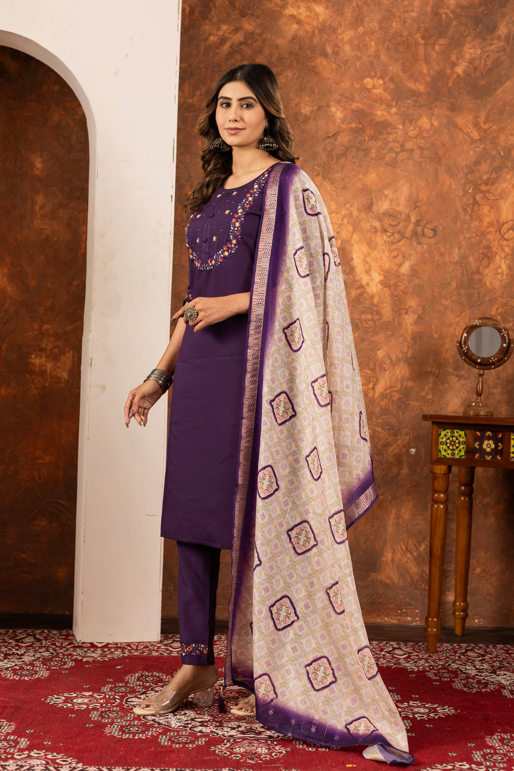 Lorenvalley Fashion Wine Marina Silk Multi Embroidery Thread with Hand work Kurta Pant Dupatta
