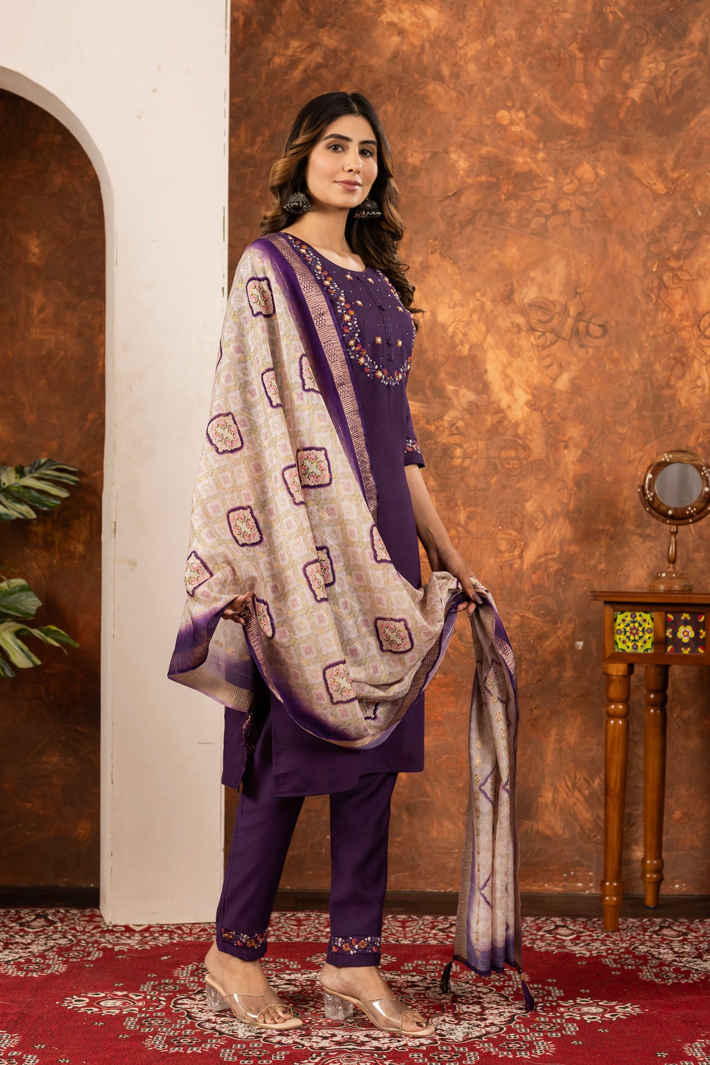 Lorenvalley Fashion Wine Marina Silk Multi Embroidery Thread with Hand work Kurta Pant Dupatta