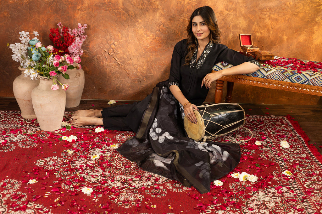 Lorenvalley Fashion Black Roman Silk Embroidery Sequins with Hand work Kurta Pant Dupatta