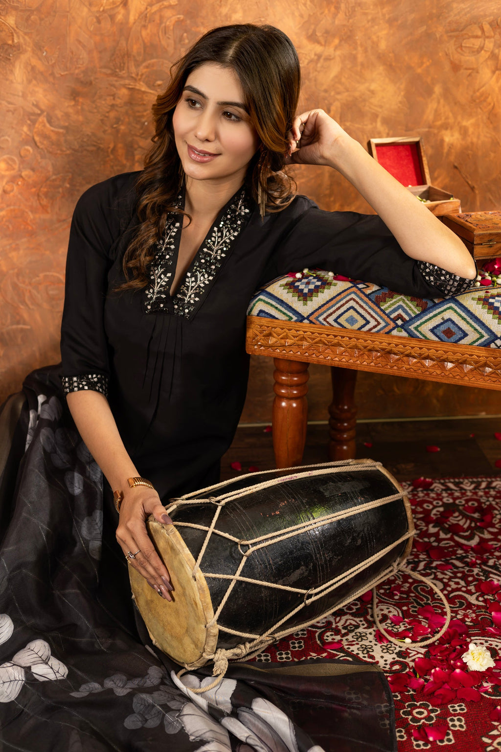 Lorenvalley Fashion Black Roman Silk Embroidery Sequins with Hand work Kurta Pant Dupatta