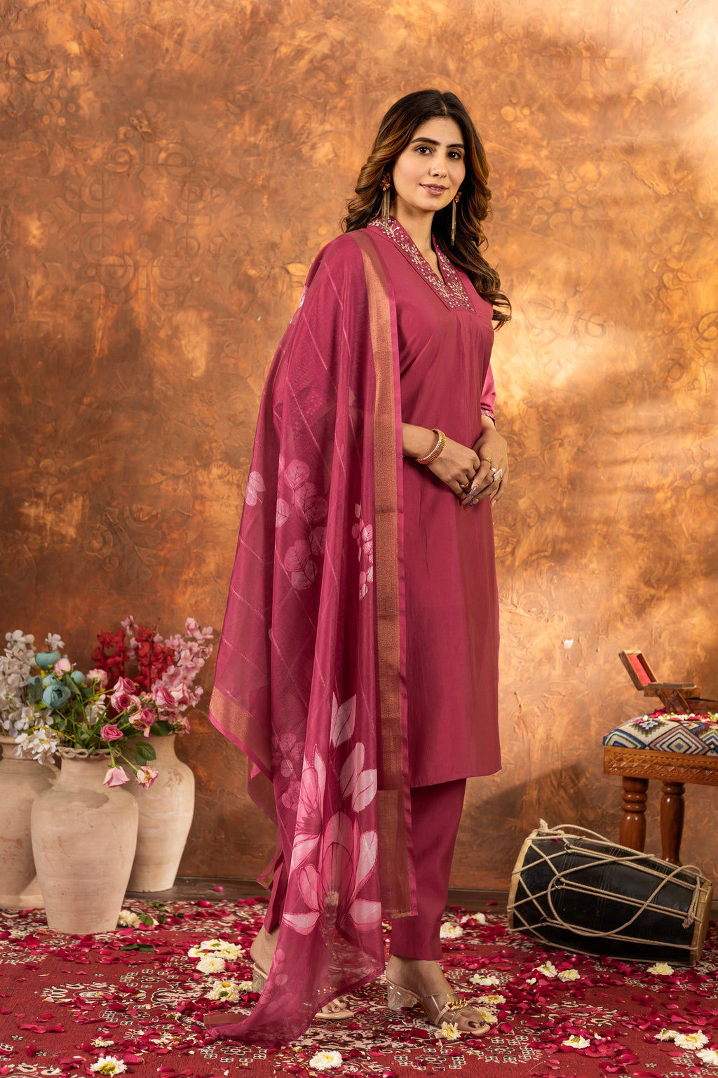 Lorenvalley Fashion Gajari Roman Silk Embroidery Sequins with Hand work Kurta Pant Dupatta