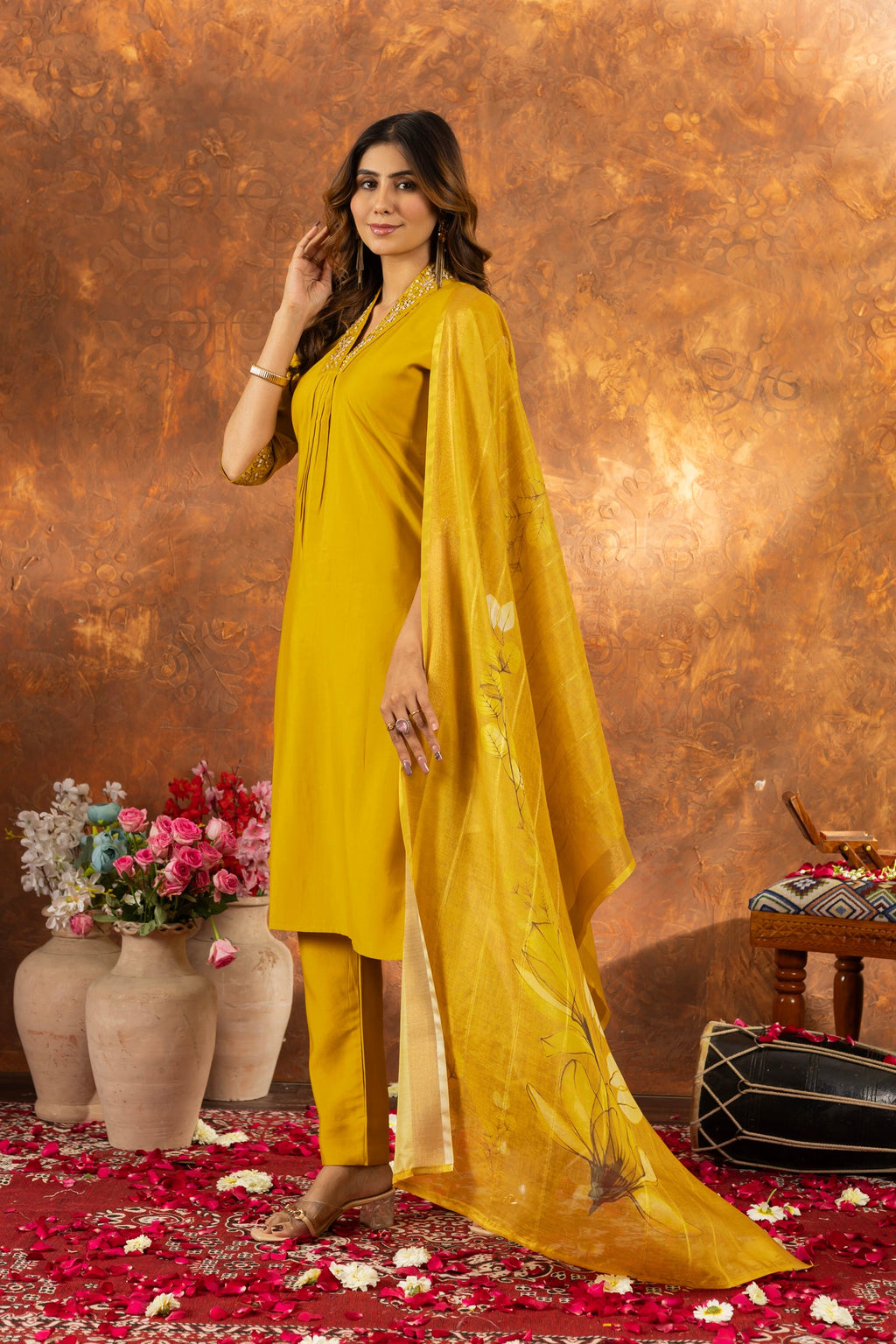 Lorenvalley Fashion Mustard Roman Silk Embroidery Sequins with Hand work Kurta Pant Dupatta