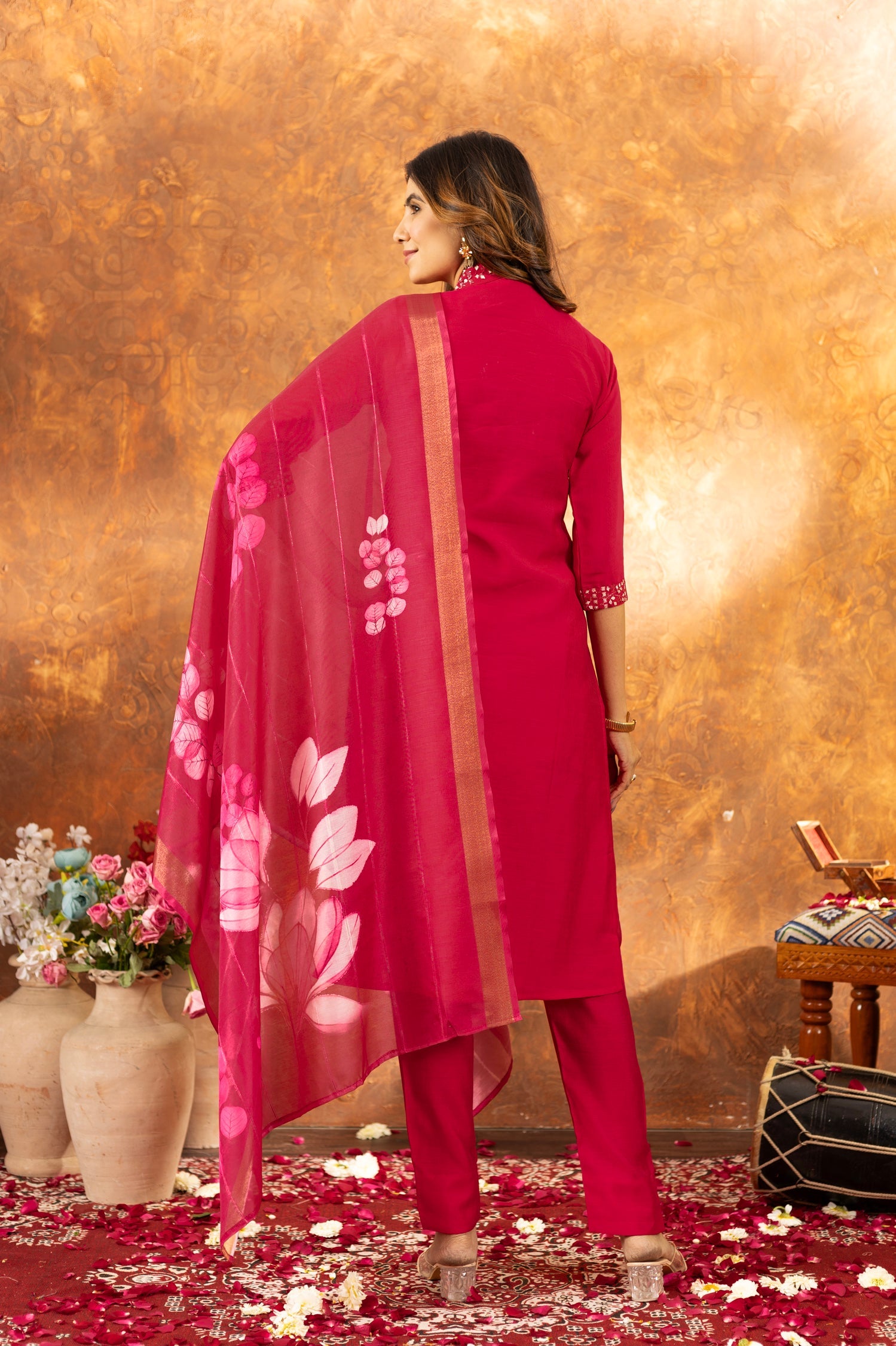 Lorenvalley Fashion Pink Roman Silk Embroidery Sequins with Hand work Kurta Pant Dupatta