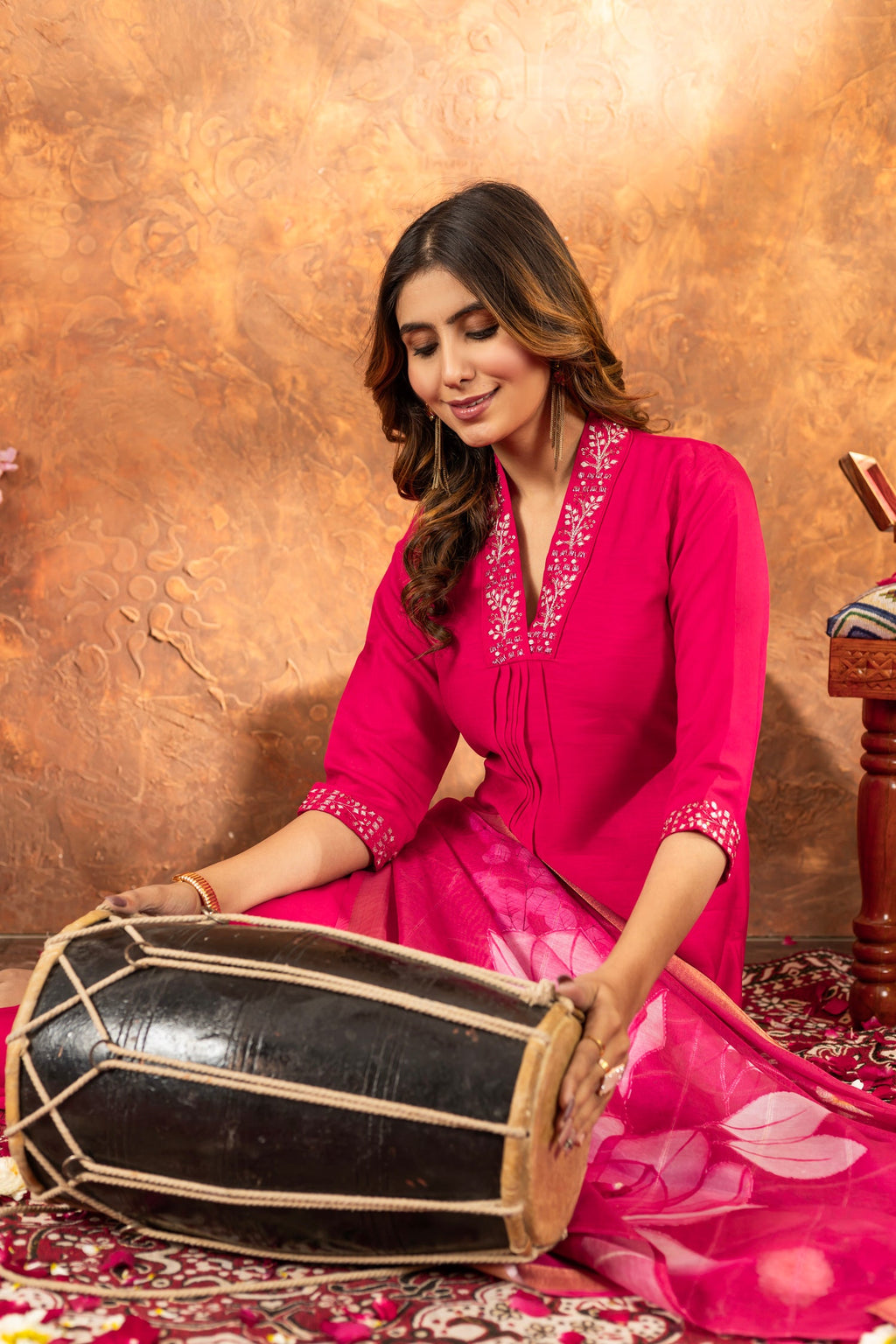 Lorenvalley Fashion Pink Roman Silk Embroidery Sequins with Hand work Kurta Pant Dupatta