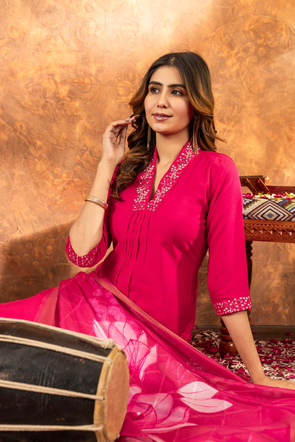 Lorenvalley Fashion Pink Roman Silk Embroidery Sequins with Hand work Kurta Pant Dupatta