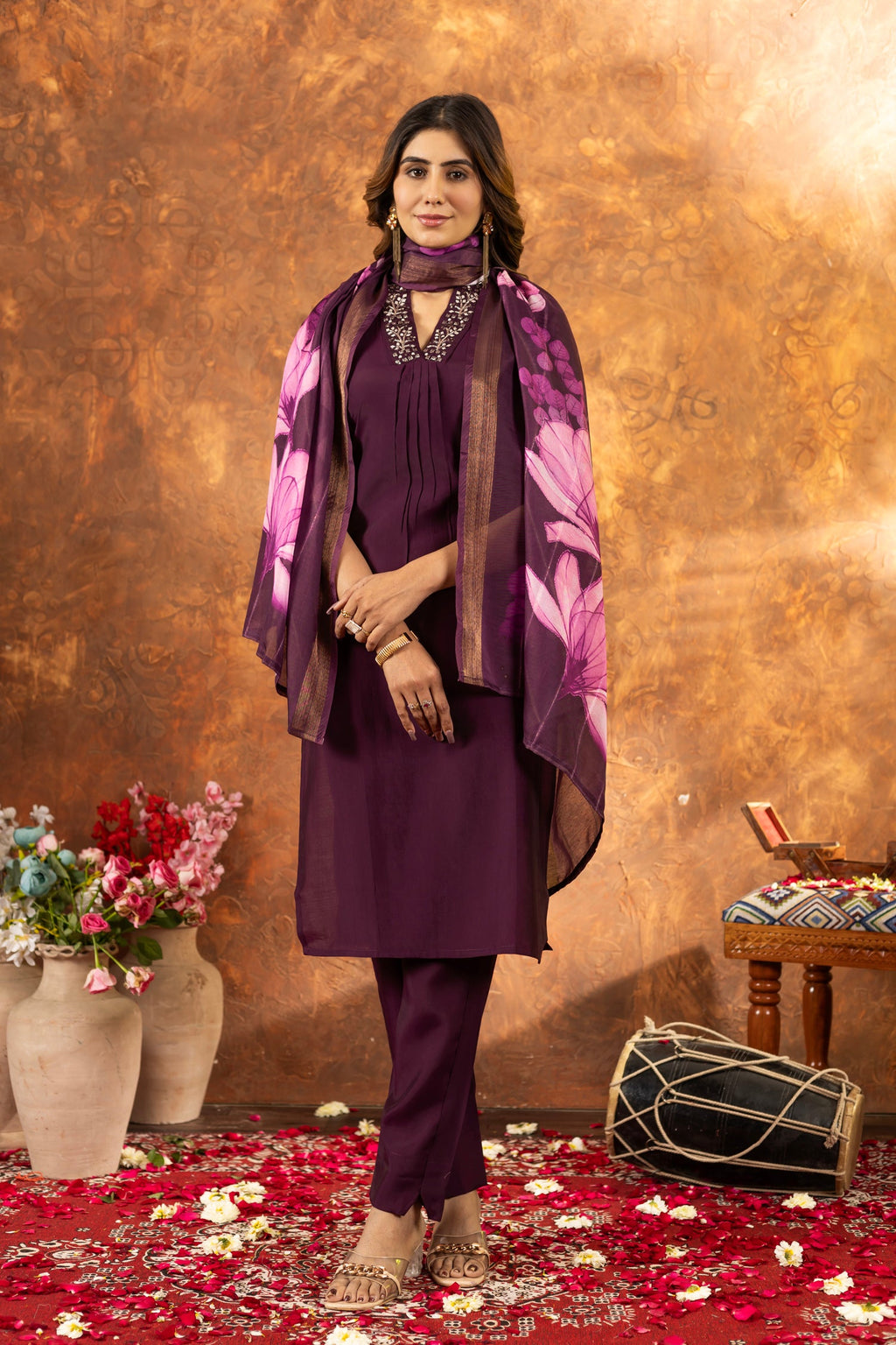 Lorenvalley Fashion Wine Roman Silk Embroidery Sequins with Hand work Kurta Pant Dupatta