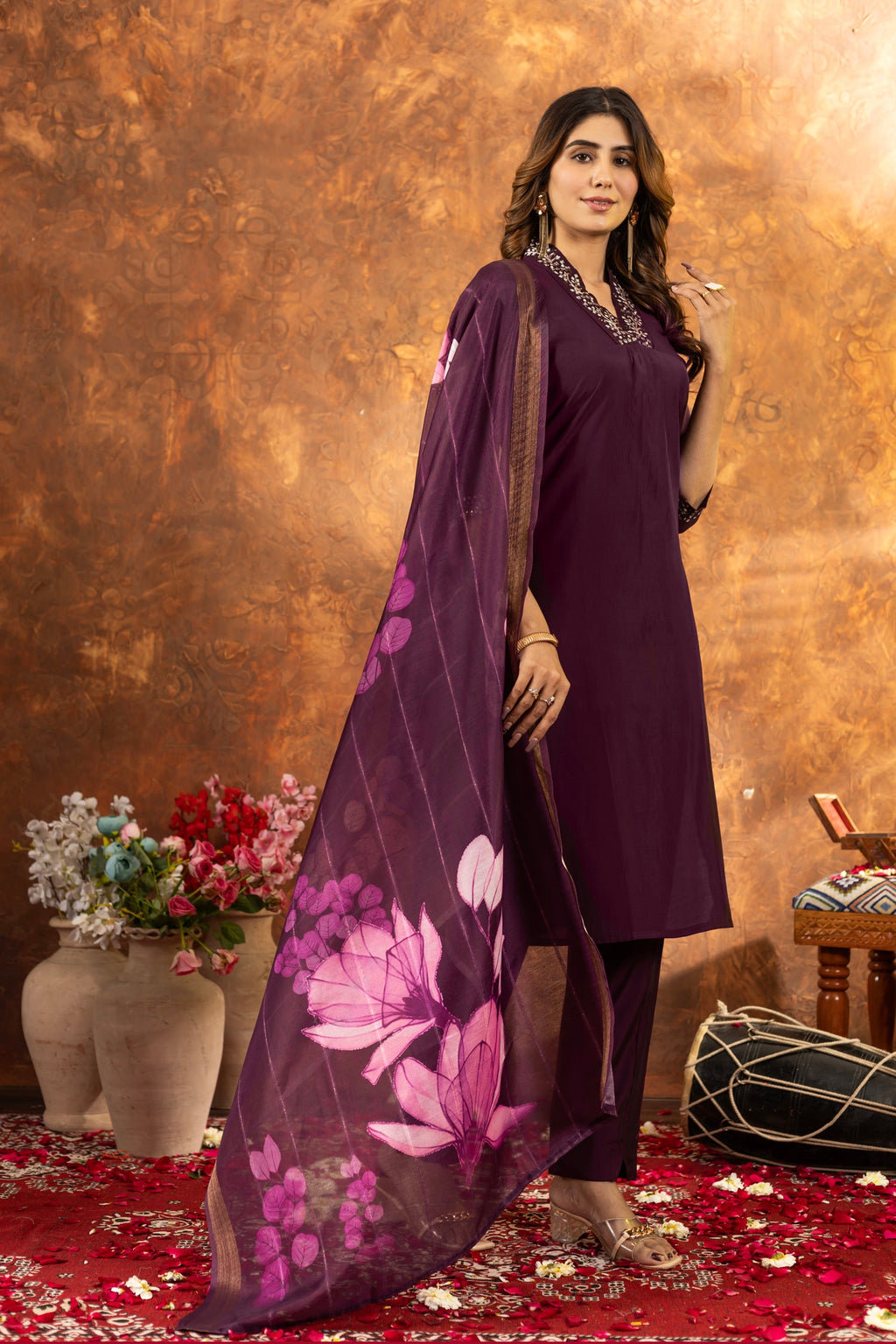 Lorenvalley Fashion Wine Roman Silk Embroidery Sequins with Hand work Kurta Pant Dupatta