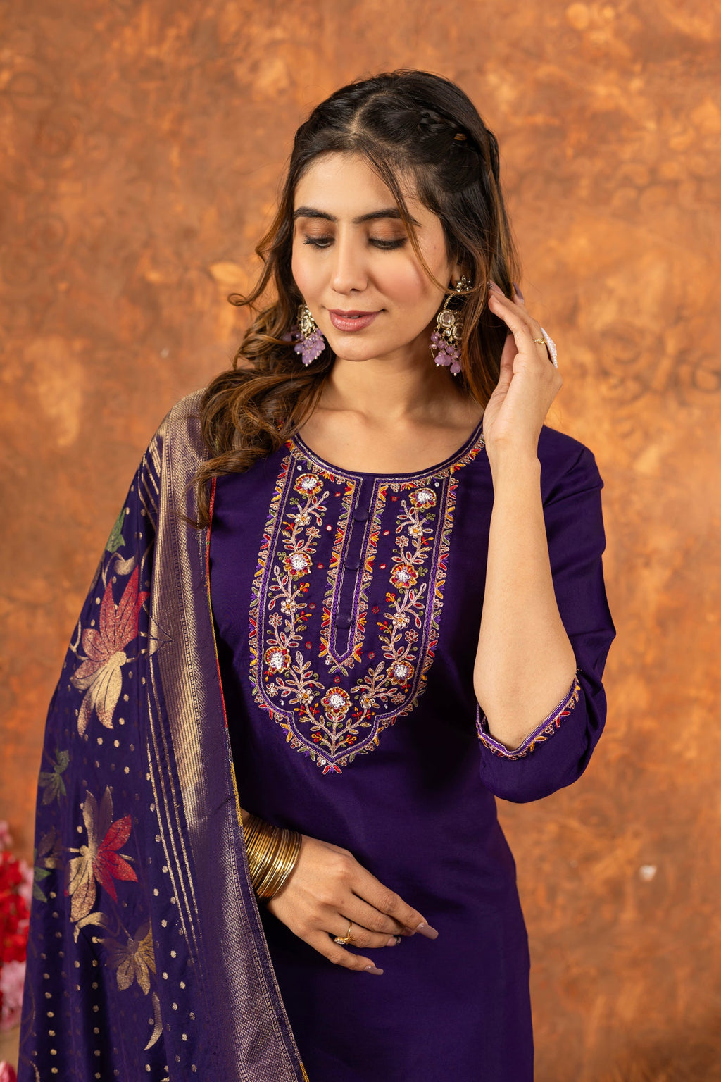 Lorenvalley Fashion Purple Marina Silk Multi Embroidery Thread with Hand work Kurta Pant Dupatta