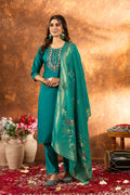 Lorenvalley Fashion Rama Marina Silk Multi Embroidery Thread with Hand work Kurta Pant Dupatta