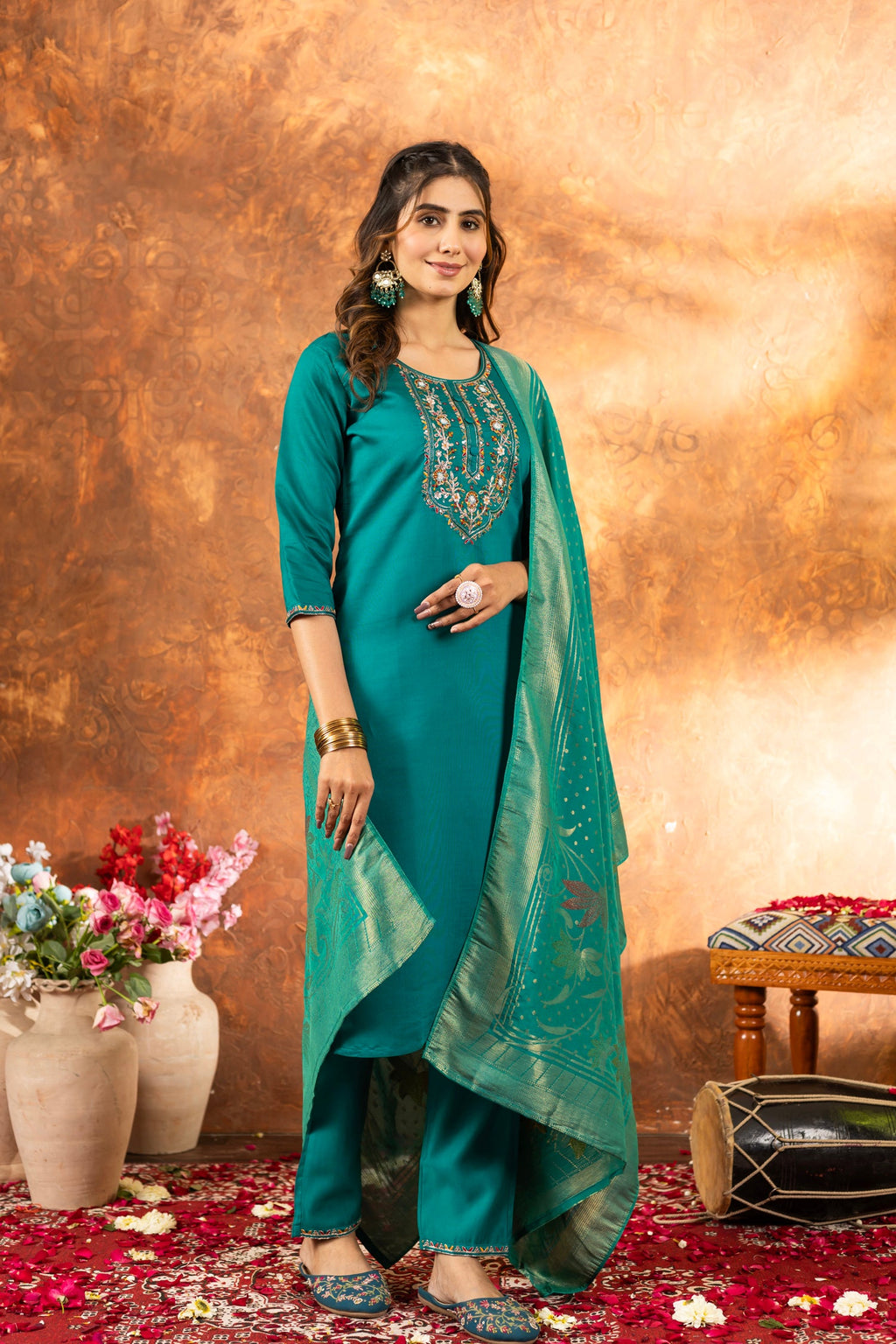 Lorenvalley Fashion Rama Marina Silk Multi Embroidery Thread with Hand work Kurta Pant Dupatta