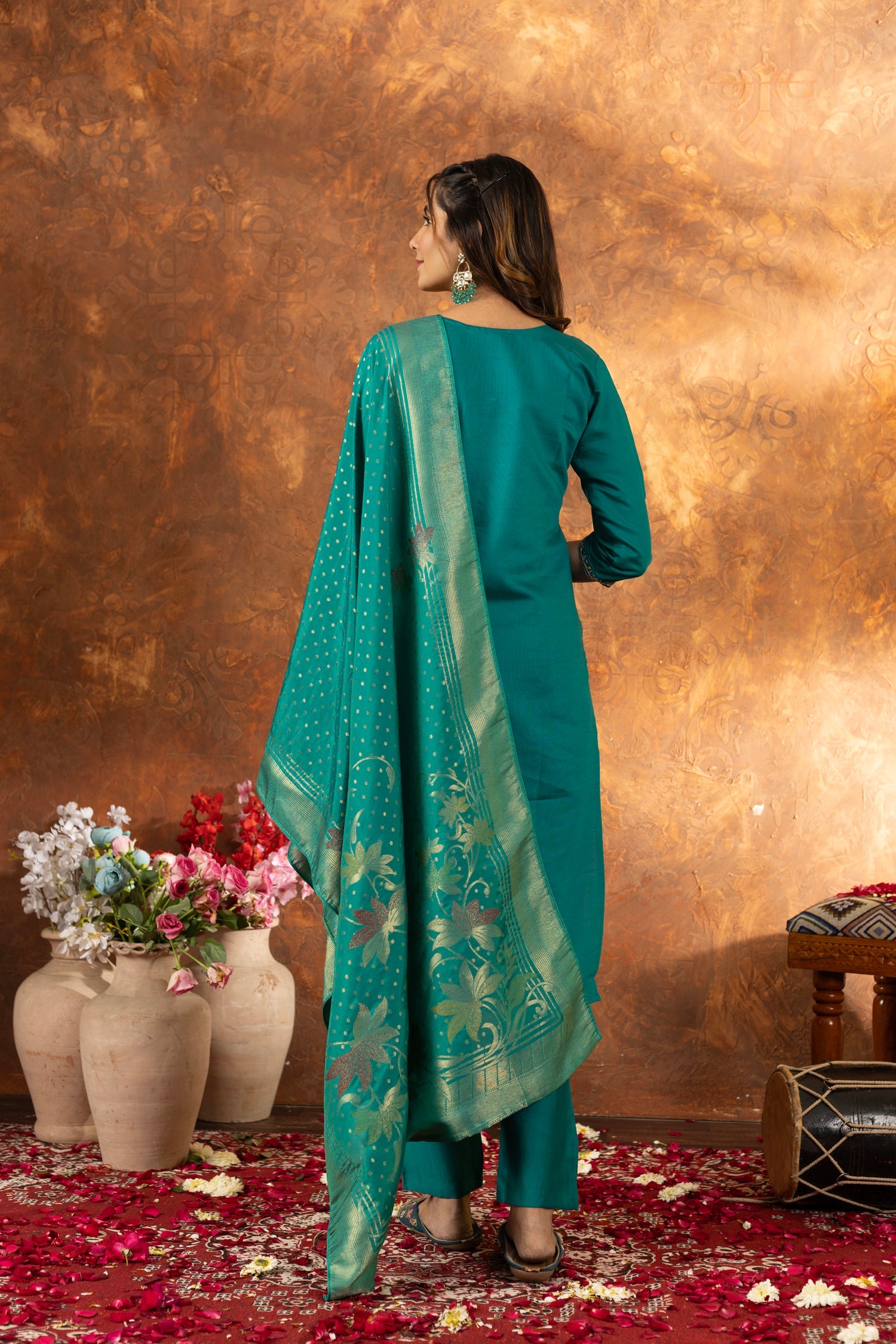 Lorenvalley Fashion Rama Marina Silk Multi Embroidery Thread with Hand work Kurta Pant Dupatta