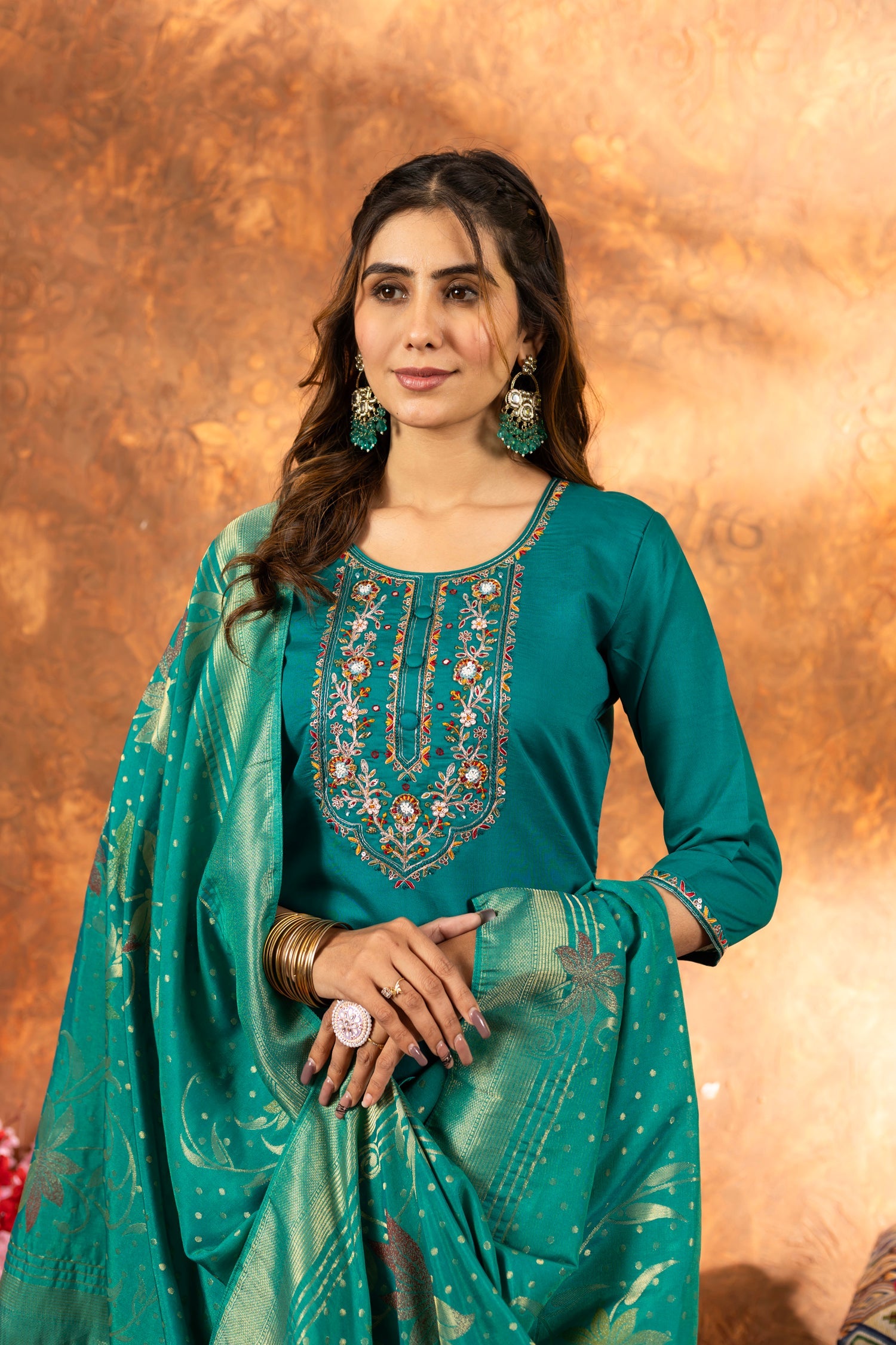 Lorenvalley Fashion Rama Marina Silk Multi Embroidery Thread with Hand work Kurta Pant Dupatta