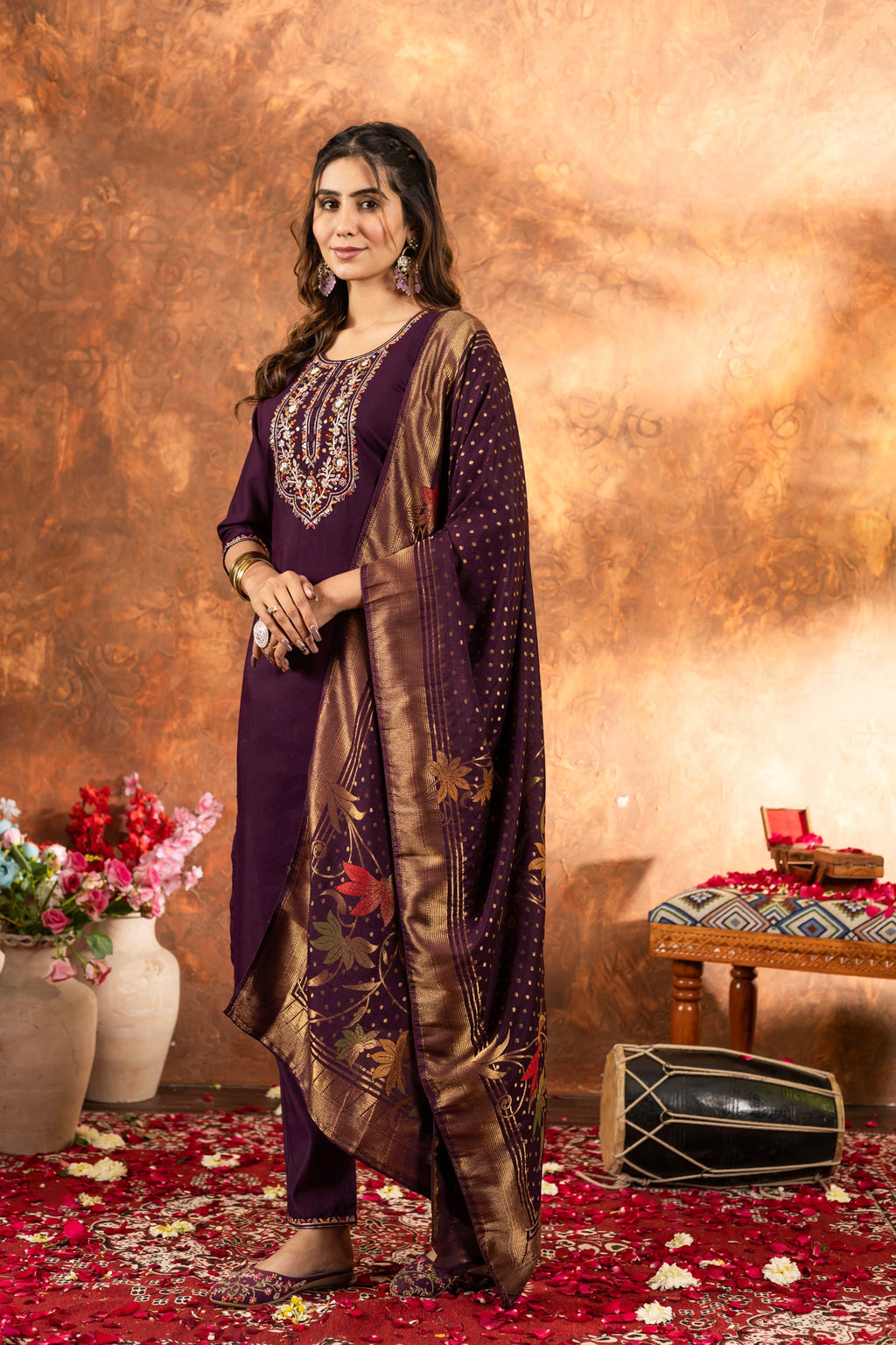 Lorenvalley Fashion Wine Marina Silk Multi Embroidery Thread with Hand work Kurta Pant Dupatta