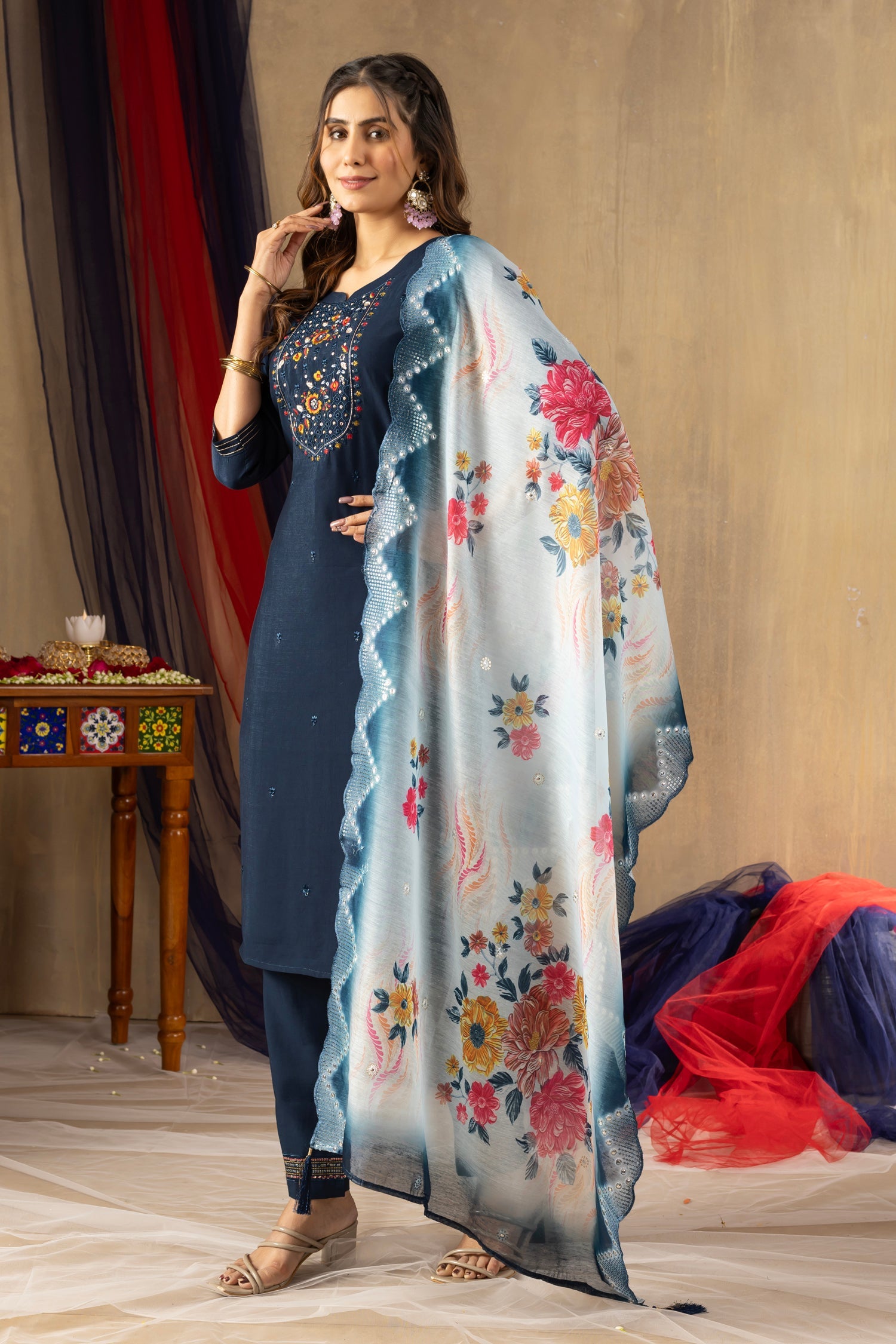Lorenvalley Fashion Blue Viscose mango silk Multi Embroidery Thread with Hand Work Kurta Pant Dupatta