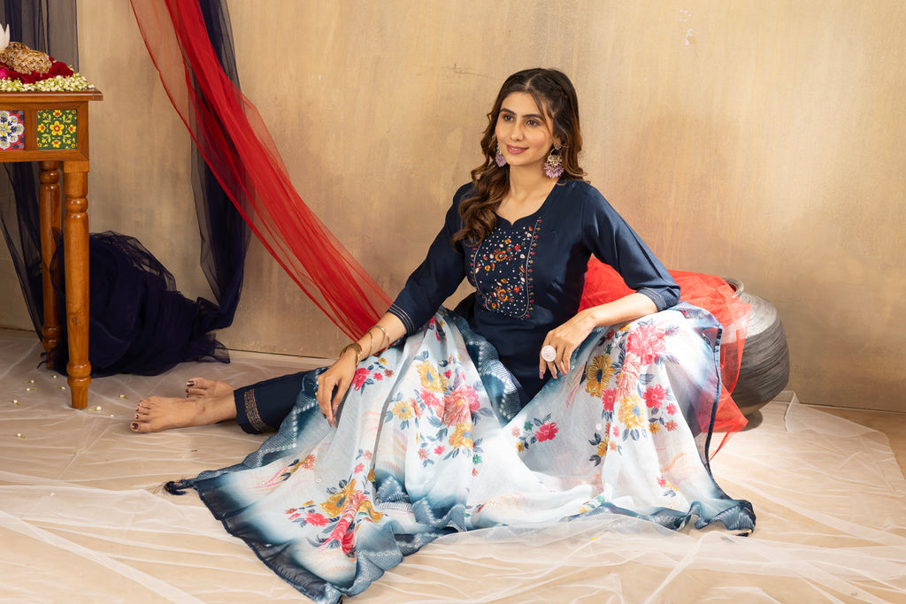 Lorenvalley Fashion Blue Viscose mango silk Multi Embroidery Thread with Hand Work Kurta Pant Dupatta