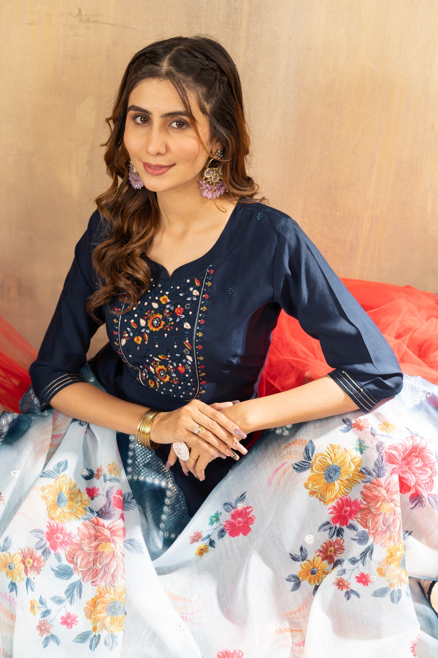 Lorenvalley Fashion Blue Viscose mango silk Multi Embroidery Thread with Hand Work Kurta Pant Dupatta