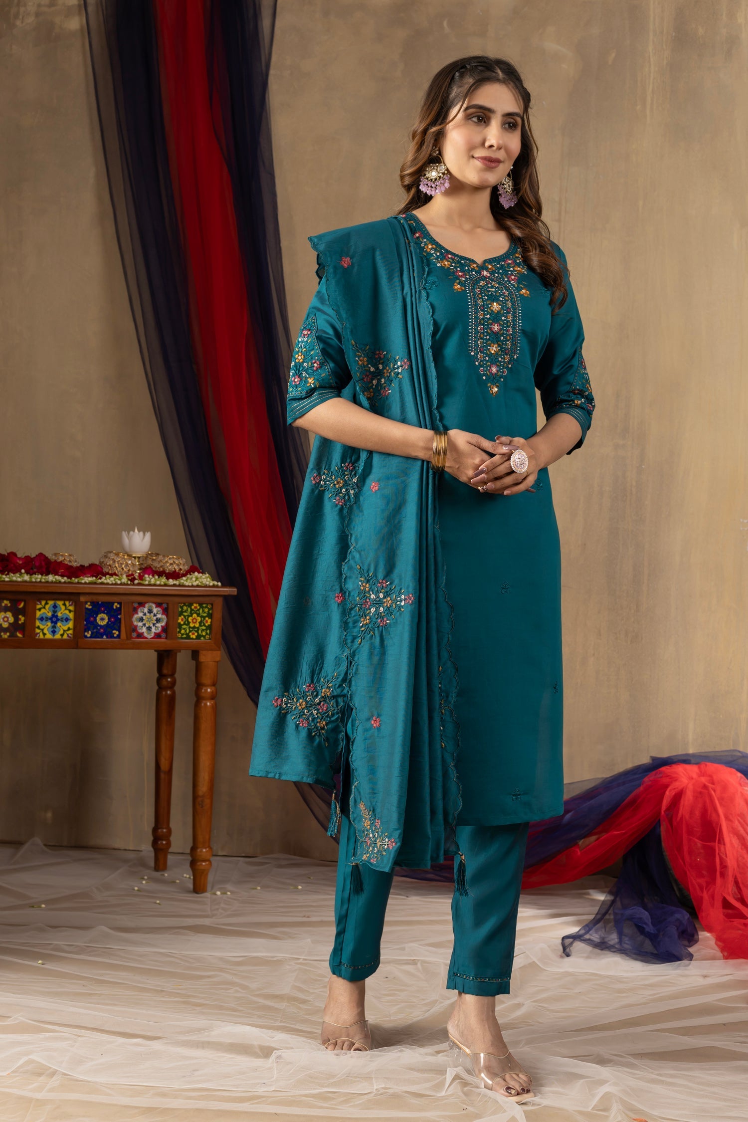 Lorenvalley Fashion Rama Roman Silk Embroidery Sequins with Hand work Kurta Pant Dupatta