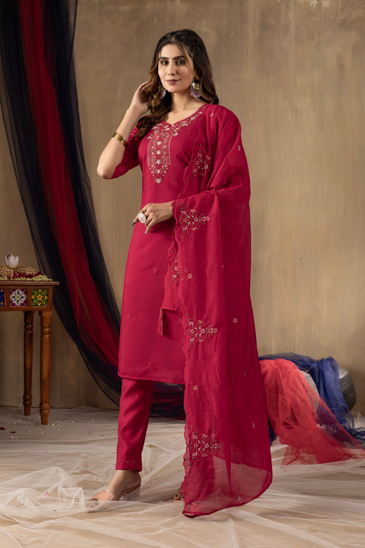 Lorenvalley Fashion Ranipink Roman Silk Embroidery Sequins with Hand work Kurta Pant Dupatta