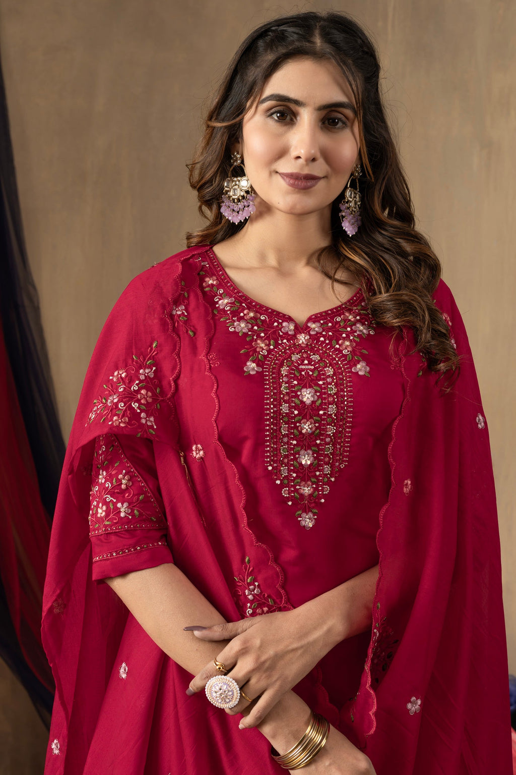 Lorenvalley Fashion Ranipink Roman Silk Embroidery Sequins with Hand work Kurta Pant Dupatta