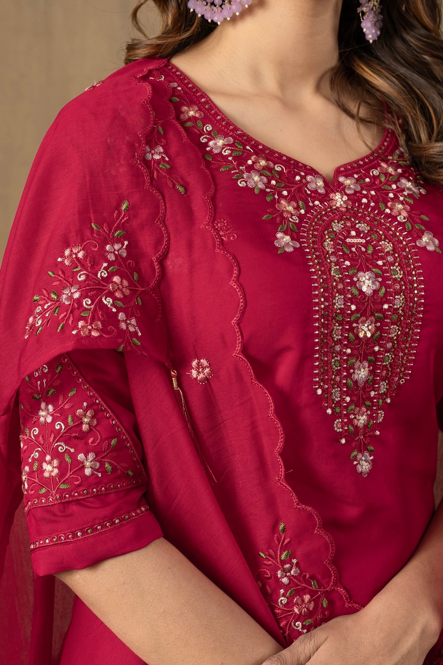 Lorenvalley Fashion Ranipink Roman Silk Embroidery Sequins with Hand work Kurta Pant Dupatta