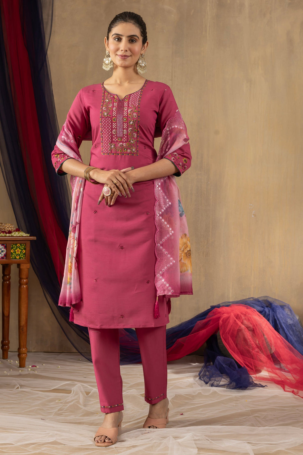 Lorenvalley Fashion Pink Roman Silk Embroidery Sequins with Hand work Kurta Pant Dupatta