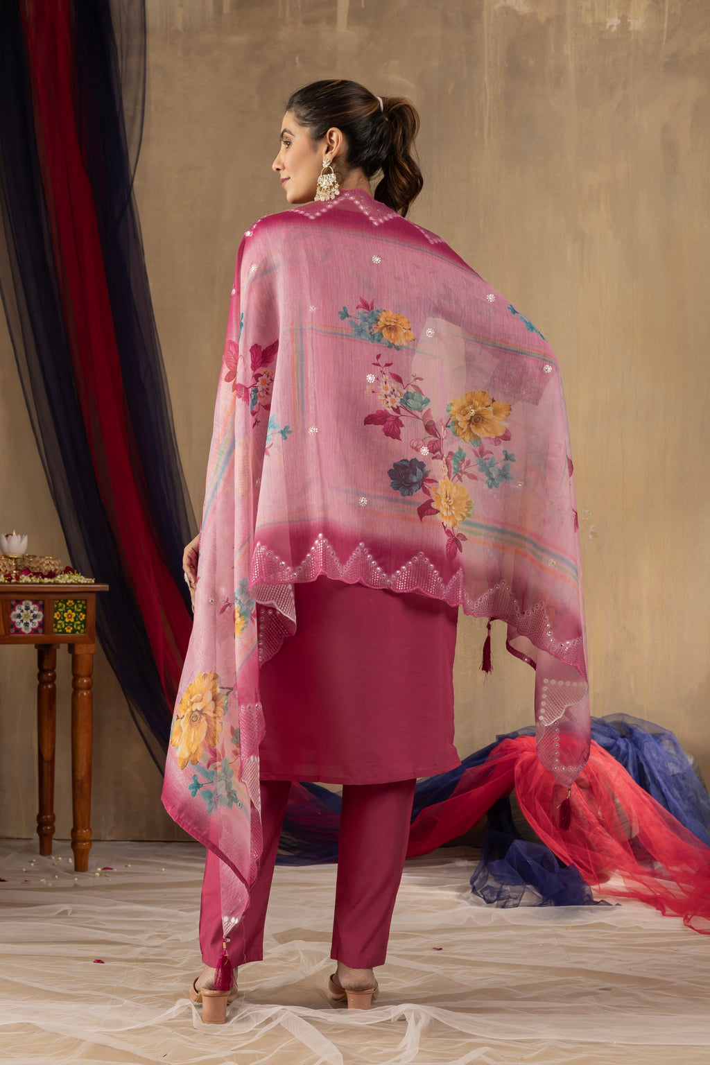 Lorenvalley Fashion Pink Roman Silk Embroidery Sequins with Hand work Kurta Pant Dupatta