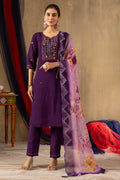 Lorenvalley Fashion Purple Roman Silk Embroidery Sequins with Hand work Kurta Pant Dupatta