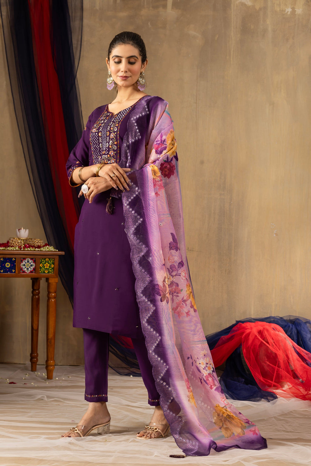 Lorenvalley Fashion Purple Roman Silk Embroidery Sequins with Hand work Kurta Pant Dupatta