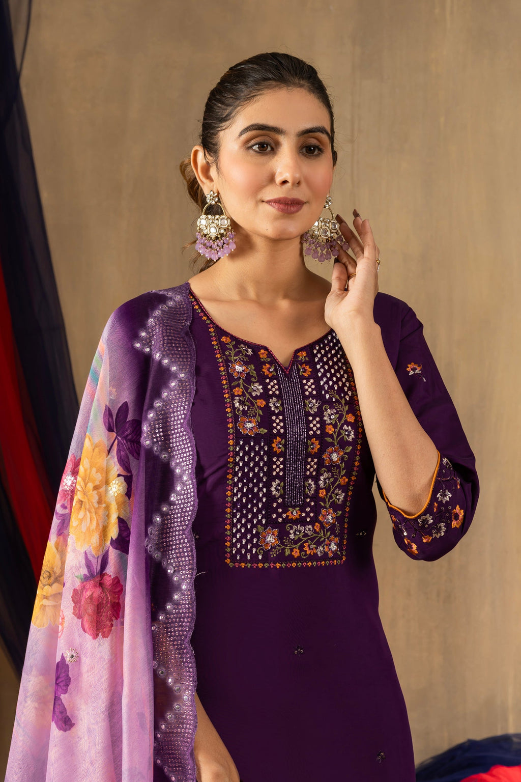 Lorenvalley Fashion Purple Roman Silk Embroidery Sequins with Hand work Kurta Pant Dupatta