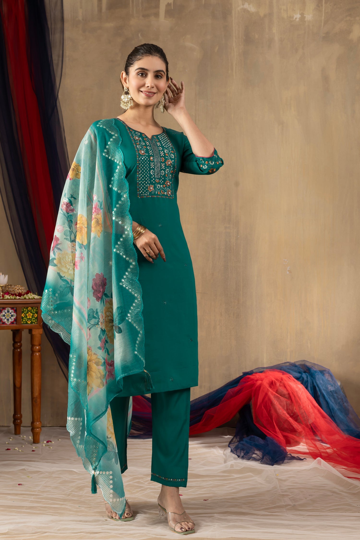 Lorenvalley Fashion Rama Roman Silk Embroidery Sequins with Hand work Kurta Pant Dupatta