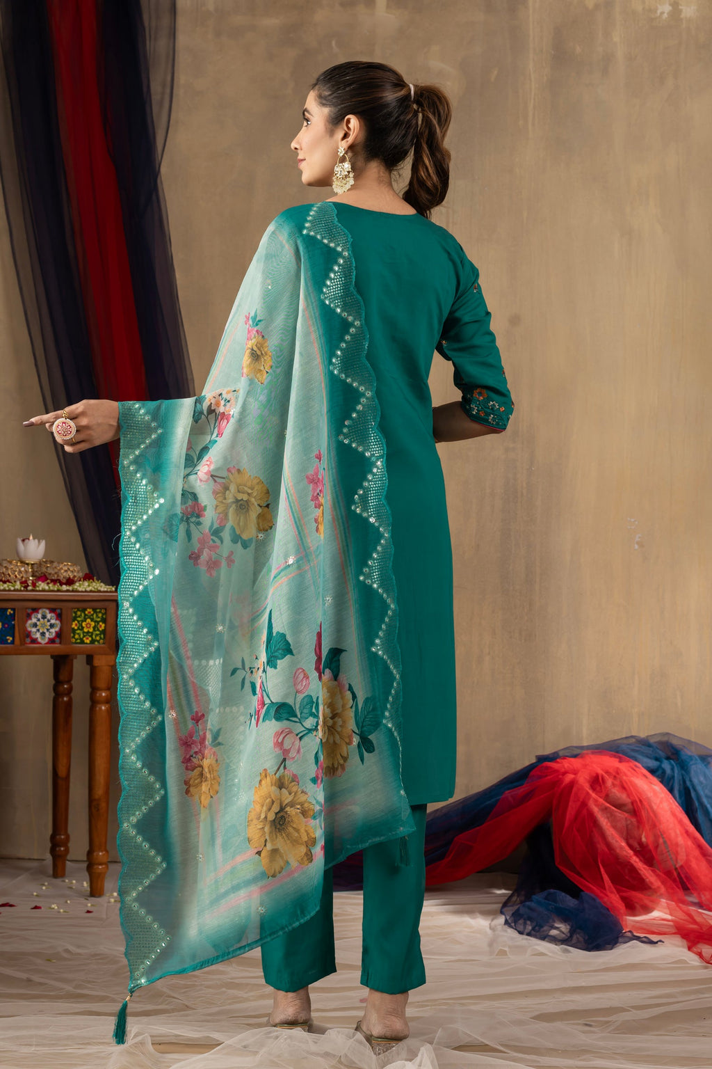 Lorenvalley Fashion Rama Roman Silk Embroidery Sequins with Hand work Kurta Pant Dupatta