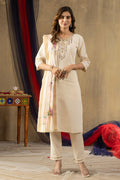 Lorenvalley Fashion Offwhite Shimmer Gold Silk Multi Embroidery Thread With Hand Work Kurta Pant Dupatta