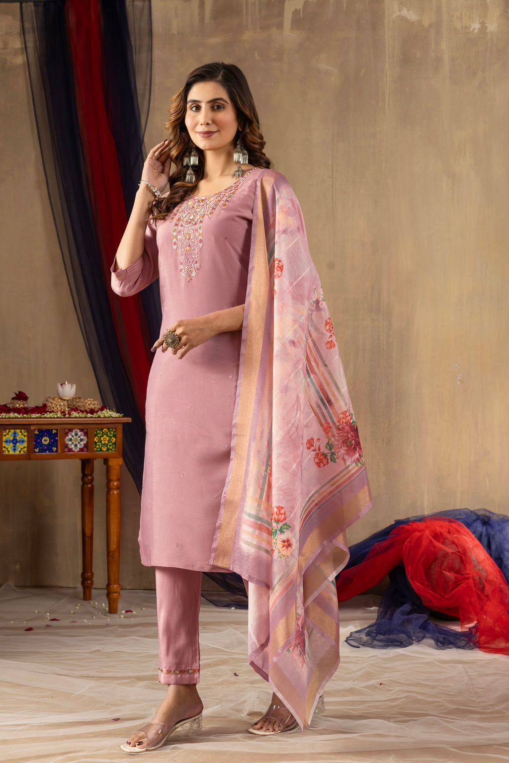Lorenvalley Fashion Onionpink Shimmer Gold Silk Multi Embroidery Thread With Hand Work Kurta Pant Dupatta