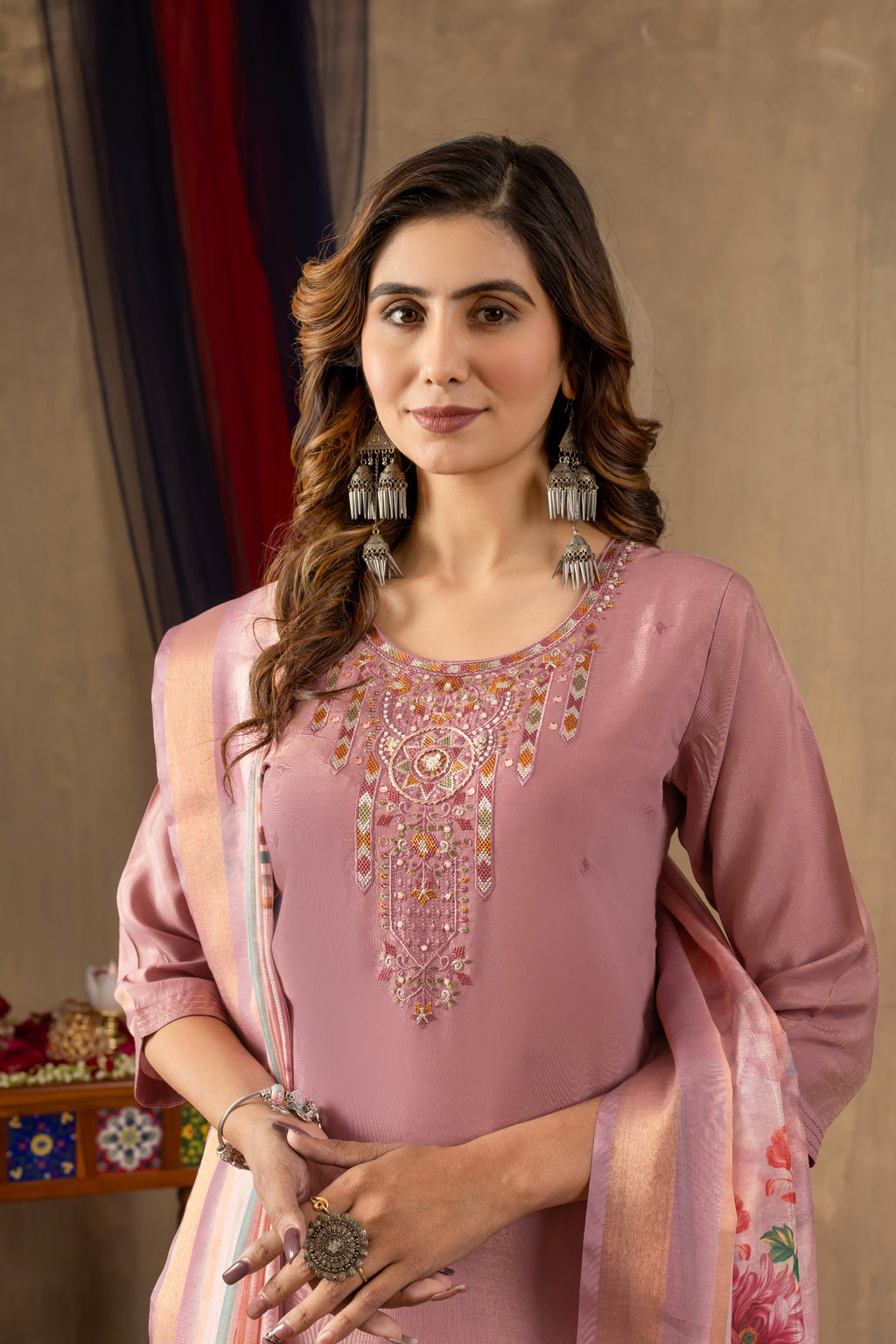 Lorenvalley Fashion Onionpink Shimmer Gold Silk Multi Embroidery Thread With Hand Work Kurta Pant Dupatta