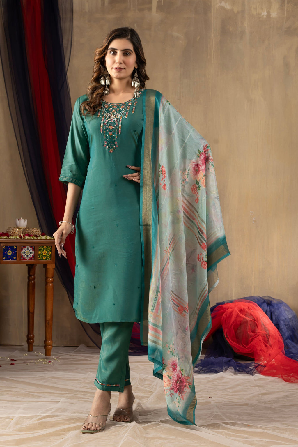 Lorenvalley Fashion Rama Shimmer Gold Silk Multi Embroidery Thread With Hand Work Kurta Pant Dupatta