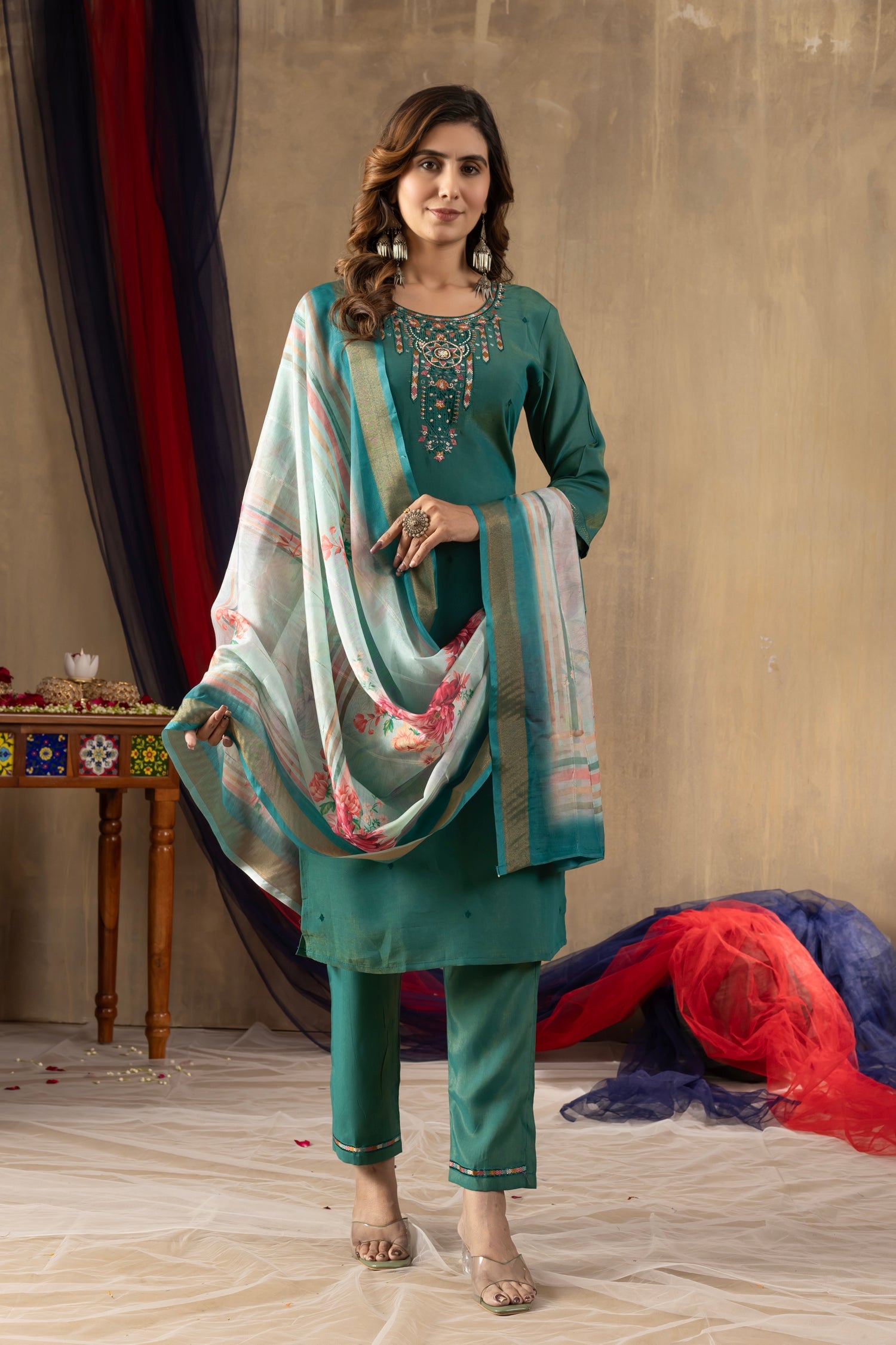 Lorenvalley Fashion Rama Shimmer Gold Silk Multi Embroidery Thread With Hand Work Kurta Pant Dupatta